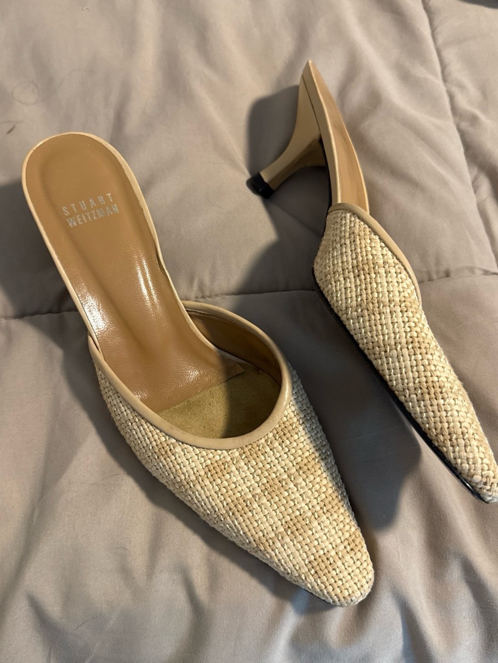 Stuart Weitzman Natural Woven Pointed-Toe Kitten Heel Mules